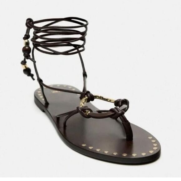 ZARA FLAT LEATHER SANDALS WITH DECORATIVE DETAIL - Picture 2 of 14